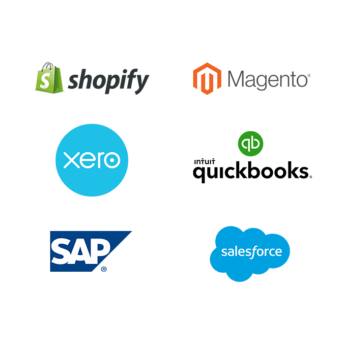 Shopify, Magento, Xero, Quickbooks, SAP, Salesforce, Logos